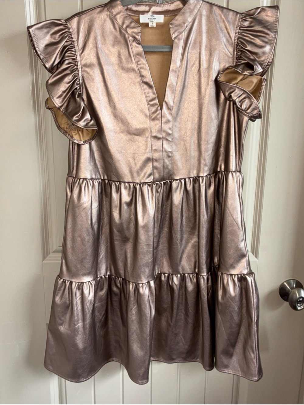 entro Metallic Rose Gold Ruffle Sleeve Tiered Midi Dress